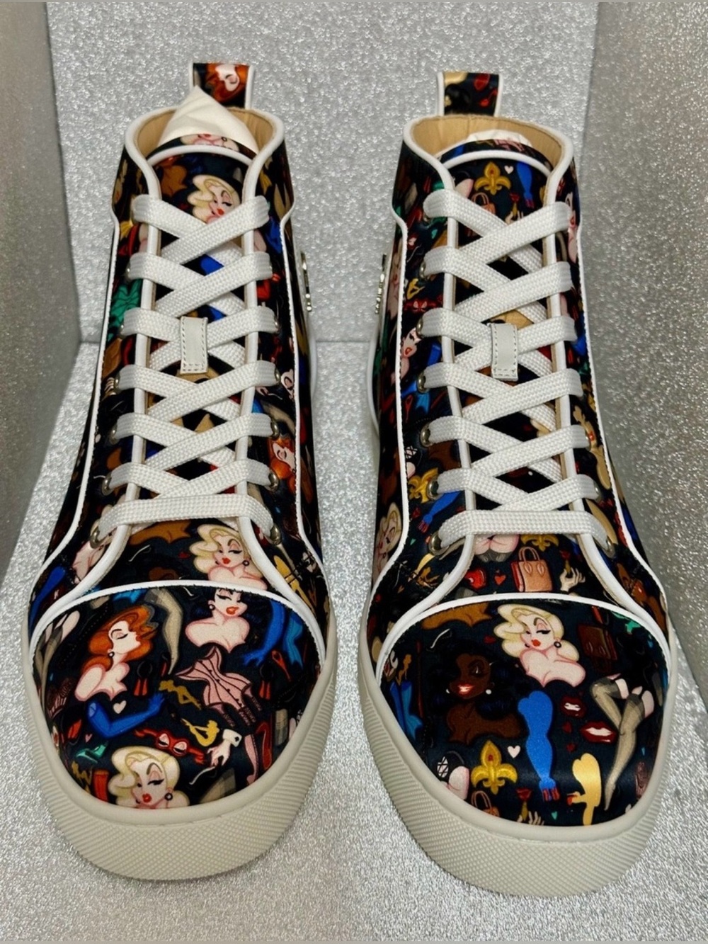 💎 CHRISTIAN LOUBOUTIN SNEAKERS SATIN BORED/CLF/NAPPA BLACK-MULTI/BIANCO 44/11.